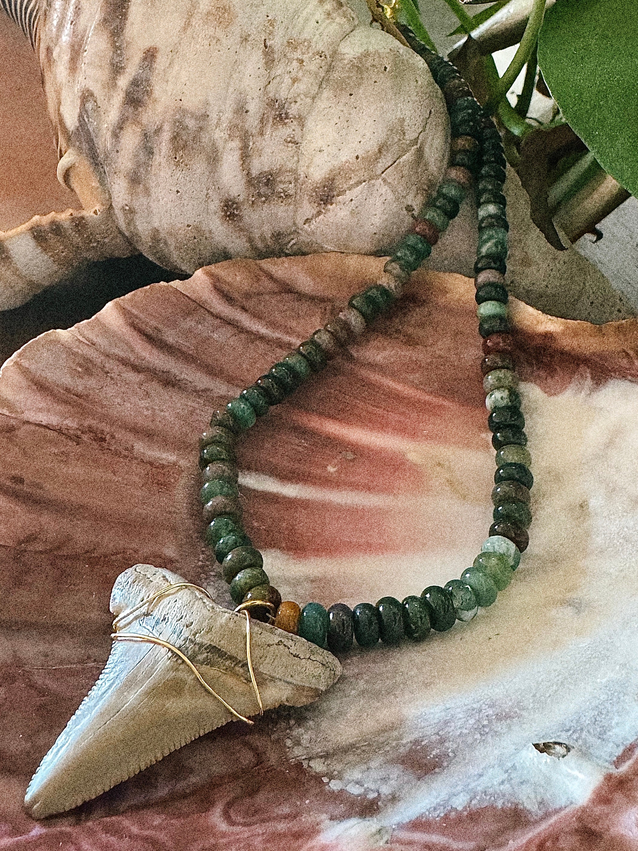 Fossilized Megalodon Tooth & Jasper Necklace